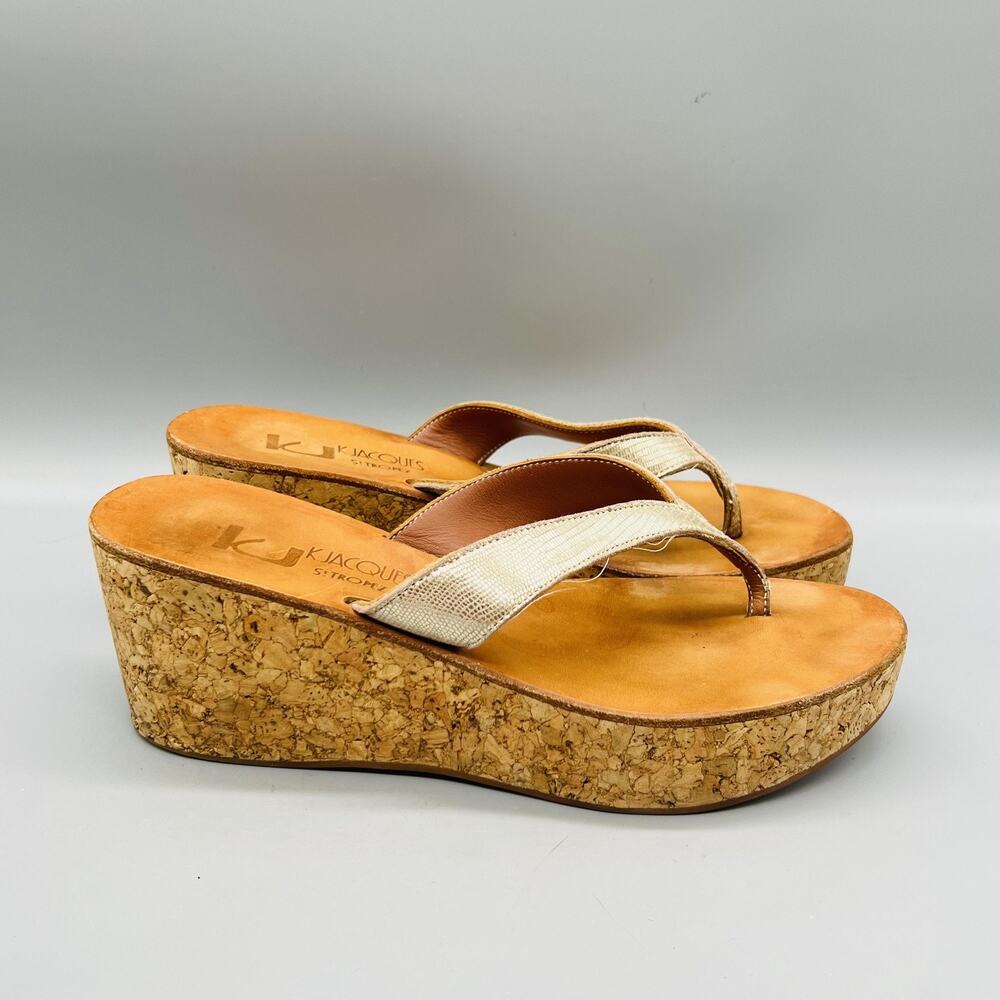 KJacques Sandals Womens 8 Gold Leather Thong Cork Platform Wedge Slip On Shoes